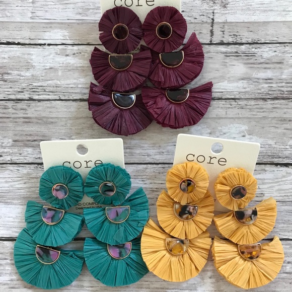 STATEMENT EARRINGS MUSTARD YELLOW RAFFIA 3” FALL - Picture 4 of 4